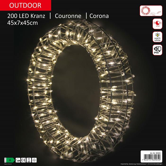 LED Kranz Metall Outdoor
Farbe: Silber mit 200 LED
D: 45cm - T:5cm