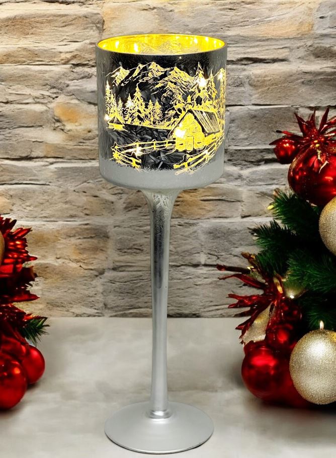 Windlicht Kelch aus Glas Bergdorfmotiv silber H30