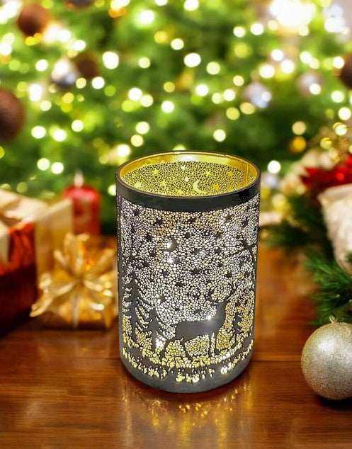 Windlicht schwarz aus Metall Motiv: Hirsch im Wald