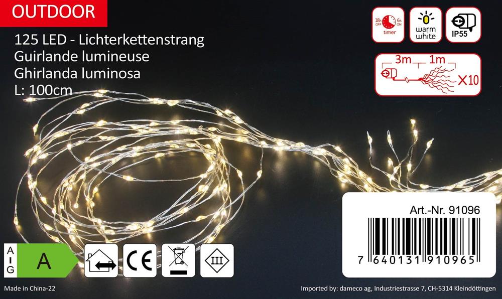 LED Outdoor Lichterkettenstrang
125 LED, L: 100cm, silber Draht
Warm weiss Licht