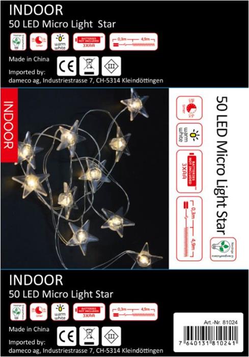Lucine LED a microfilo
con 50 LED e stelle
L: 490 cm
filo d'argento