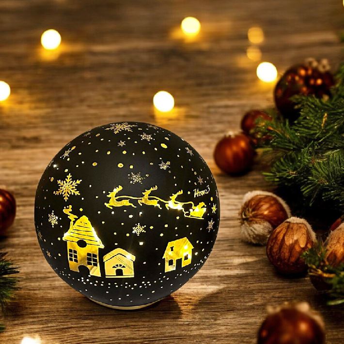 LED Glas Kugel schwarz mit 10 LED D:12cm Motiv: Weihnachtsdorf