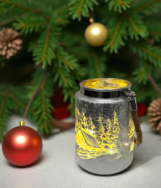 Windlicht aus Glas mit Hanfseil Henkel Bergdorfmotiv silber H14.5