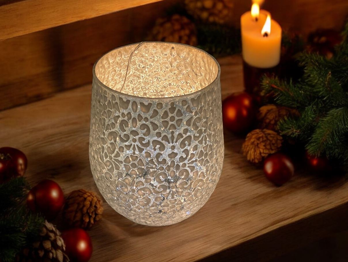 Windlicht aus Glas 
silber -weiss 
mit Blütenmuster H18.5cm