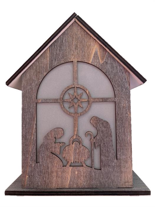 Maison de Noël LED avec crèche
avec feuille hologramme et 10 LED
couleur marron