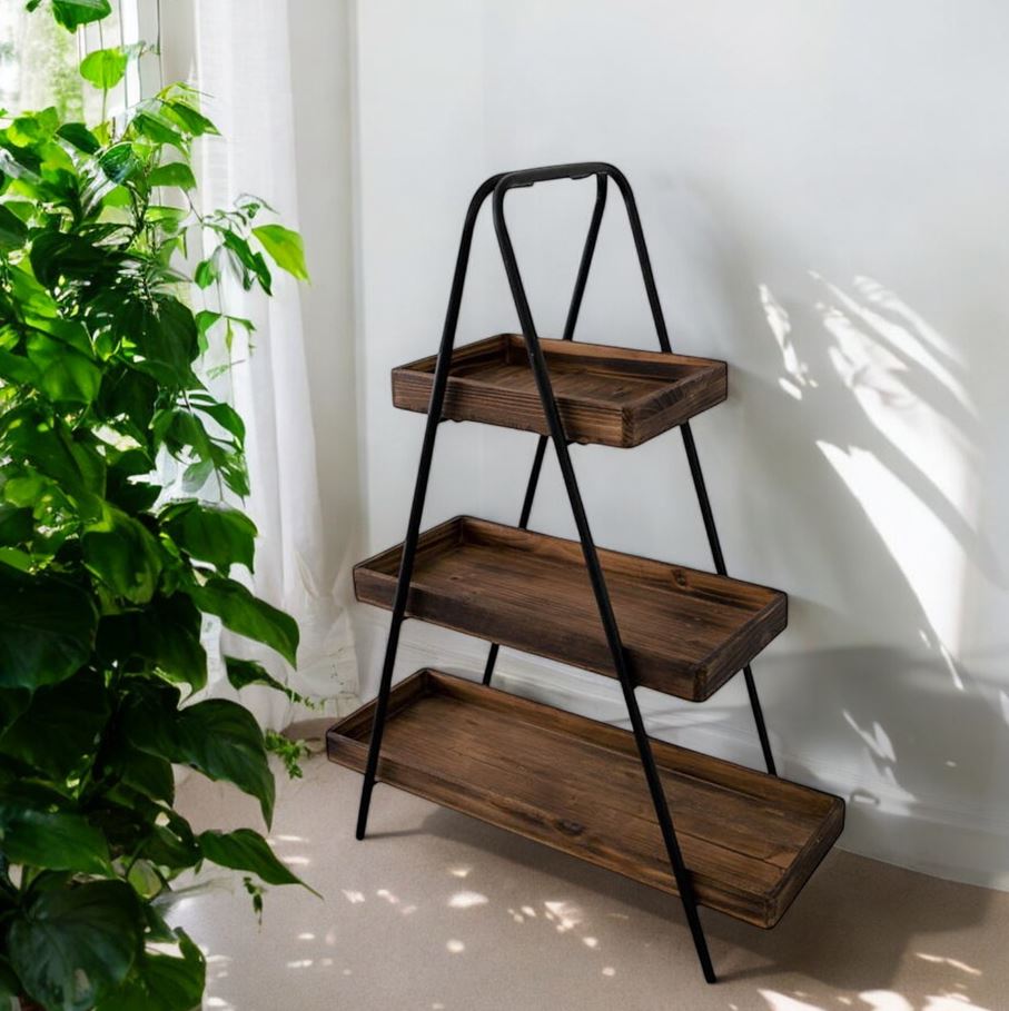 Etagere mit 3 Ablageflächen aus Holz mit schwarzem Metall Gestell