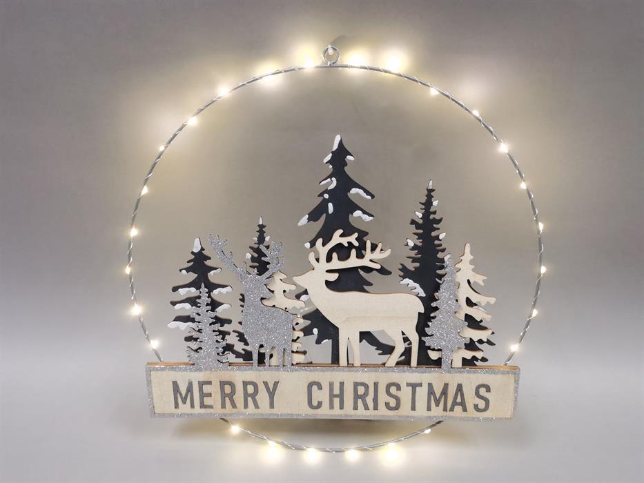 LED Hänger mit Rahmen aus Metall
30 LED D:40cm
Rentier im Wald
Warm weisses Licht