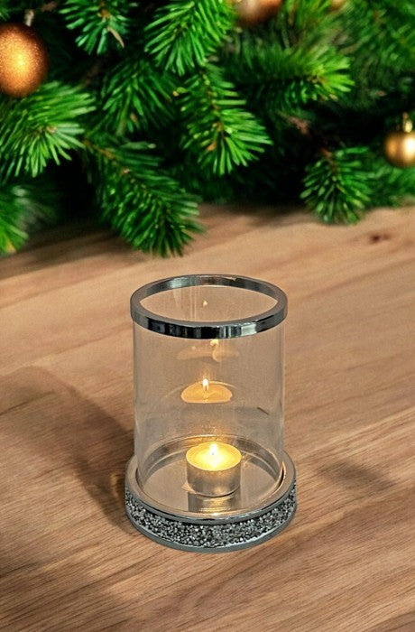 Windlicht aus Glas mit Strasssteinen auf Metallsockel H17cm