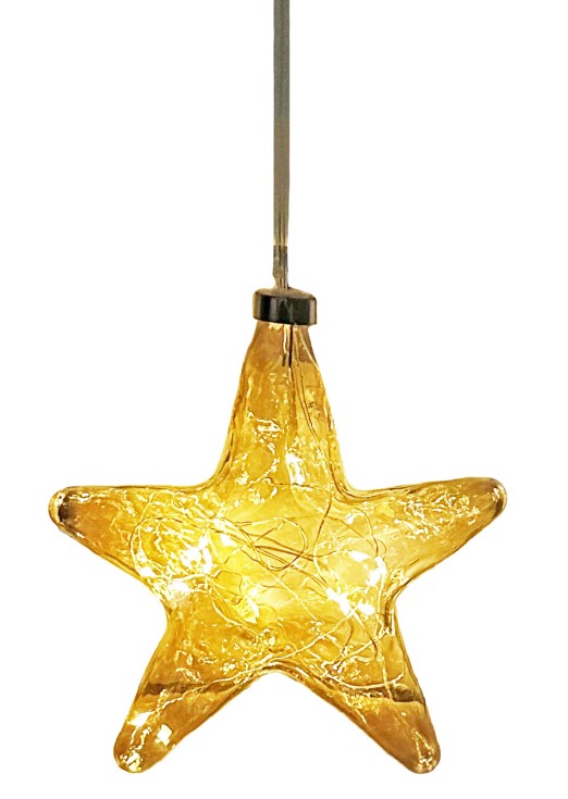 LED Glas Stern organisch gold, transparent mit 15 LED D15cm Tube Batteriefach
