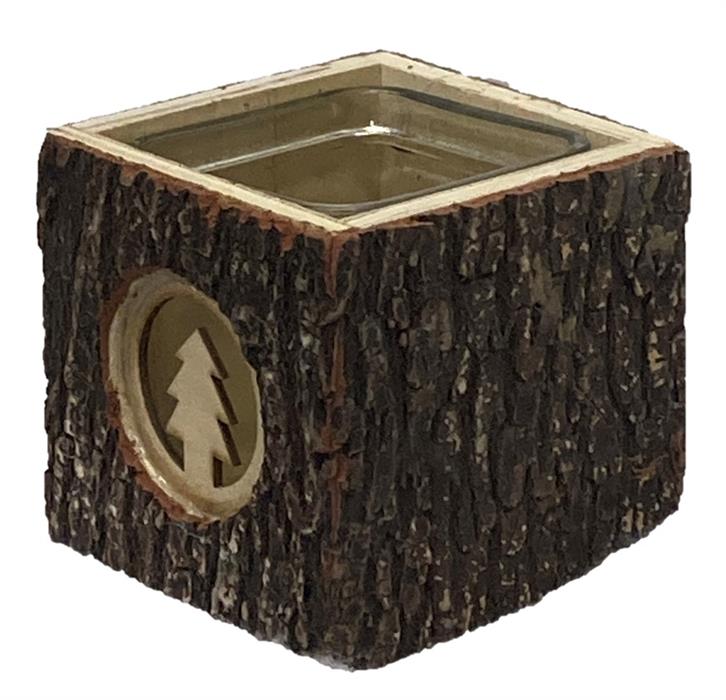 Windlicht aus Holz mit Glaseinsatz,
L9cm x B9cm xH9cm,
Motiv: Tannenbaum