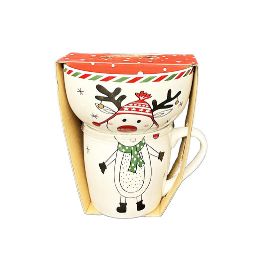 Tasse und Schüssel 2er Set Xmas weiss Motiv Elch