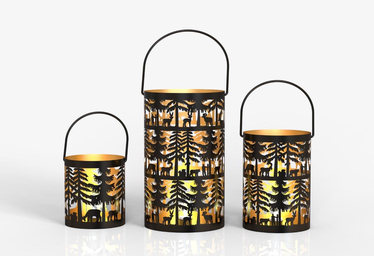 Windlicht Forest mit Henkel aus Metall Schwarz gold