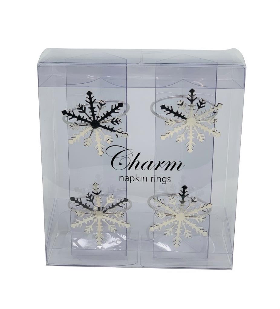 Rond de serviette lot de 4
 Flocons de neige argentés
 Taille 55-60 mm en acier inoxydable