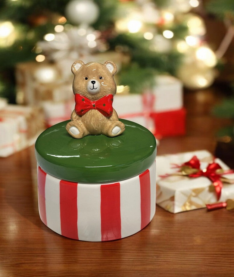 Deko Dose Teddybär weiss rot gestreift grüner Deckel