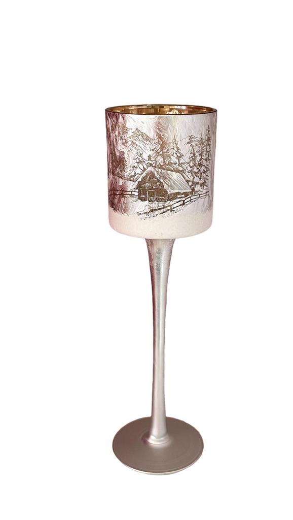 Windlicht Kelch aus Glas Bergdorfmotiv silber H25