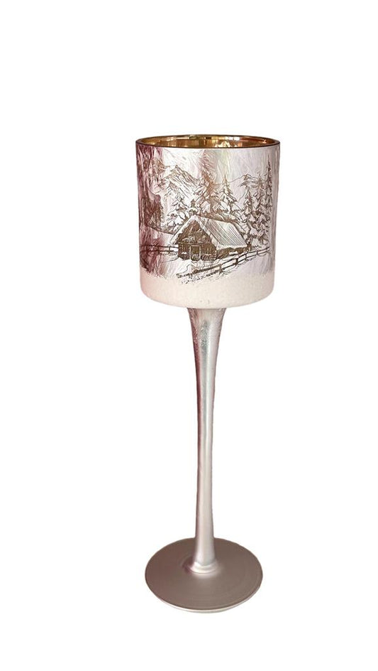 Windlicht Kelch aus Glas Bergdorfmotiv silber H25