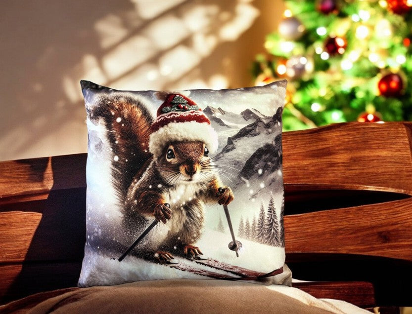 Kissen Eichhörnchen XMAS auf Ski Digitaldruck einseitig mit Reisverschluss