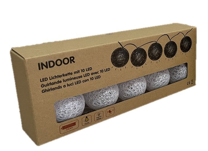 Chaîne lumineuse LED Boule de Coton "Blanc"
avec 10 LED
L: 135 cm
D: boules 6cm