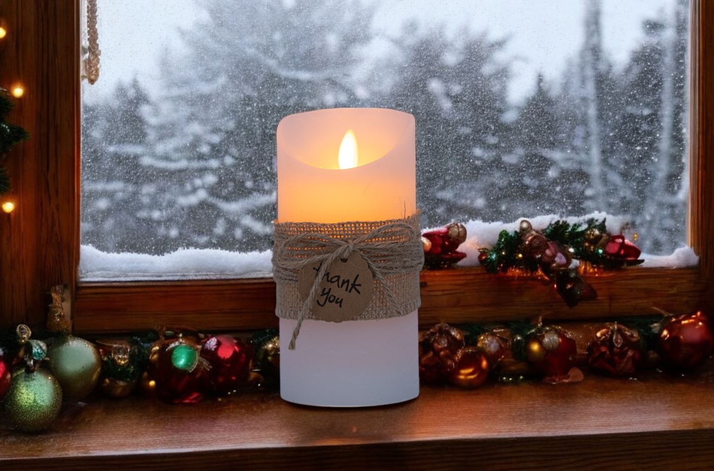 Bougie en cire LED blanche rustique
 "Merci"
 avec une flamme en mouvement
 D:7,5 cm-H:15 cm