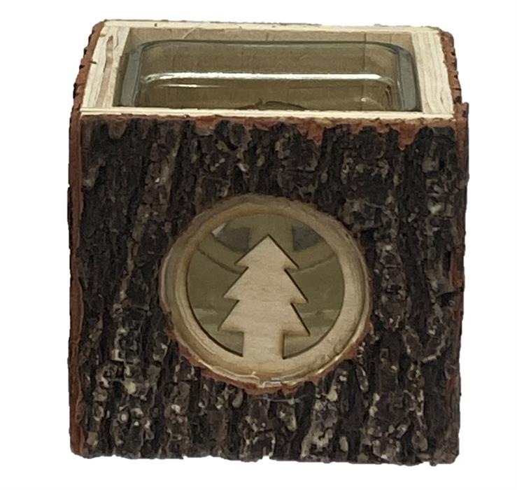 Windlicht aus Holz mit Glaseinsatz,
L9cm x B9cm xH9cm,
Motiv: Tannenbaum