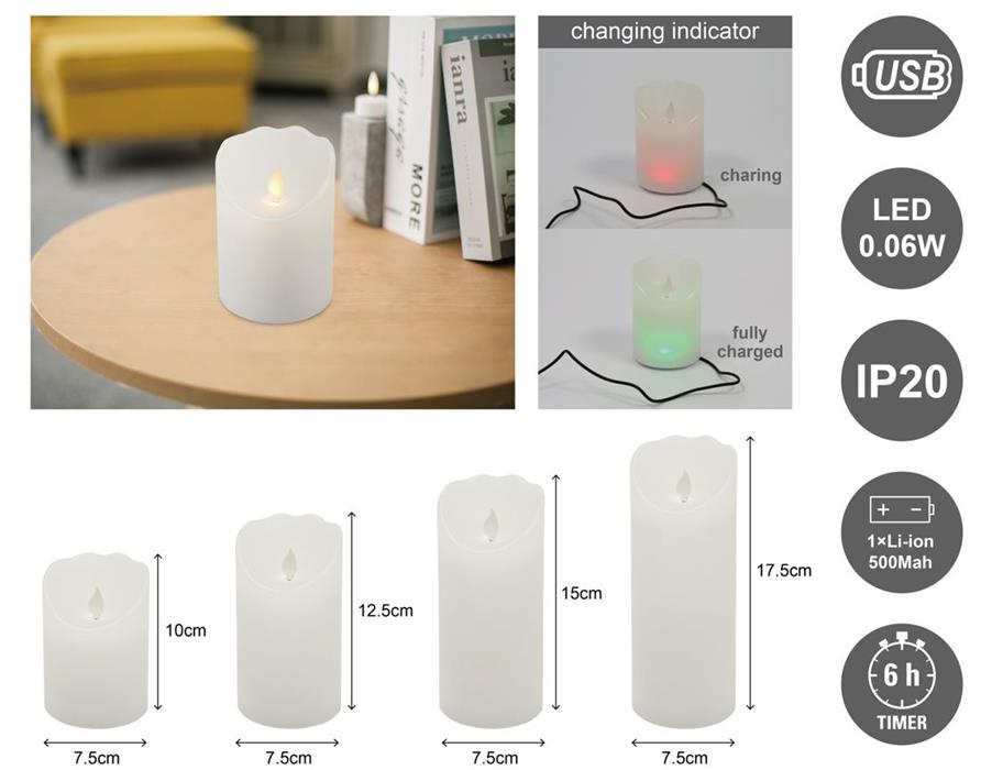 Bougie en cire LED rechargeable
 avec câble USB blanc
 P7,5cm H12,5cm