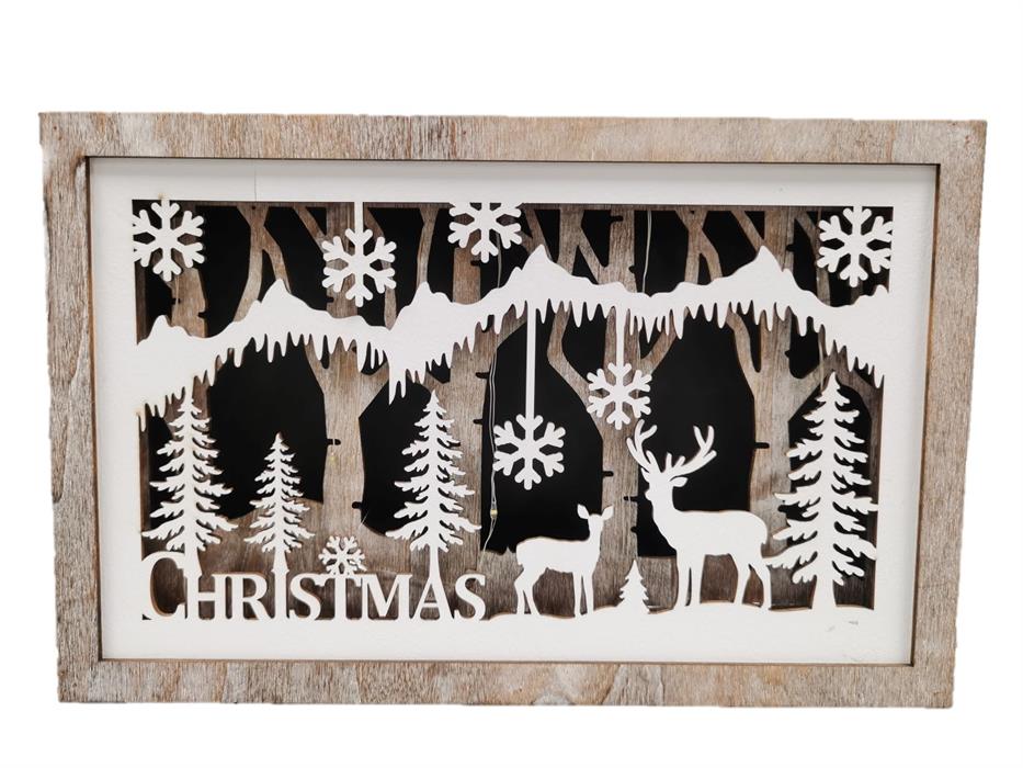 LED Diorama Bild mit10 LED
Motiv: Waldszene mit Tannenbäumen
Schneeflocken und Hirschen
