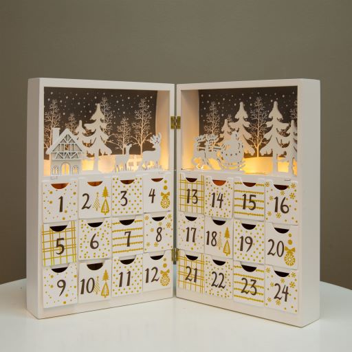 LED Adventskalender aus Holz 
befüllbar weiss mit 8 LED 
aufklappbar