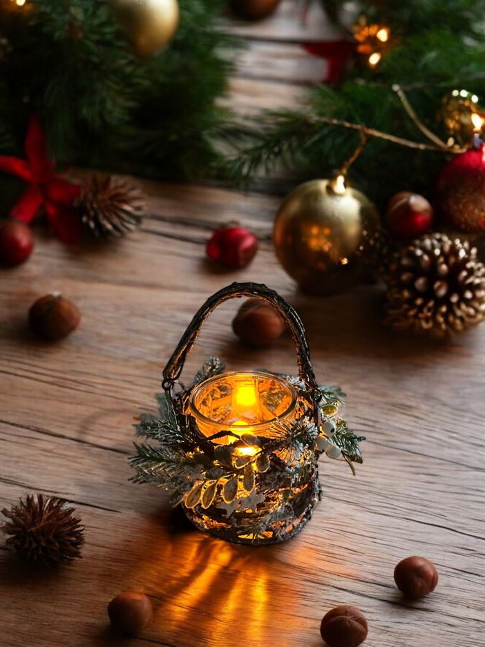 Windlicht Xmas aus Reisig 
mit Glaseinsatz 
D18cm x H21cm
mit Henkel