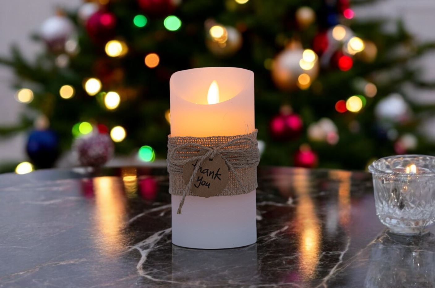 Bougie en cire LED blanche rustique
 "Merci"
 avec une flamme en mouvement
 D:7,5 cm-H:15 cm