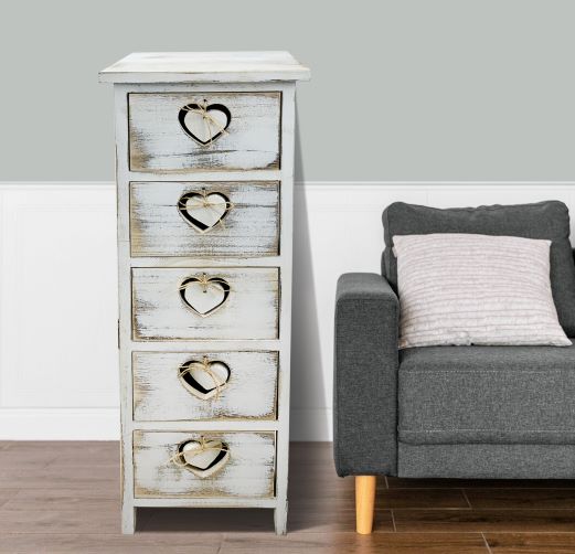 Kommode aus Holz "Herz" mit 5 Schubladen Grösse: 25x25x75cm shabby chic