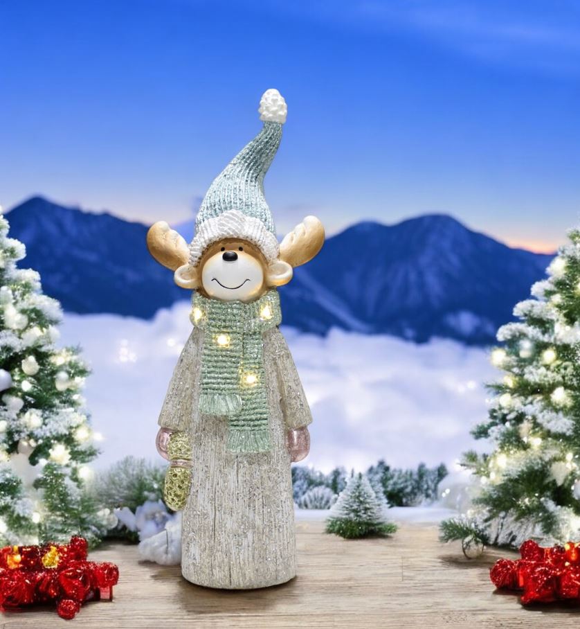 LED Deko Figur Elch mit Tannenkranz in der Hand mit 4 LED