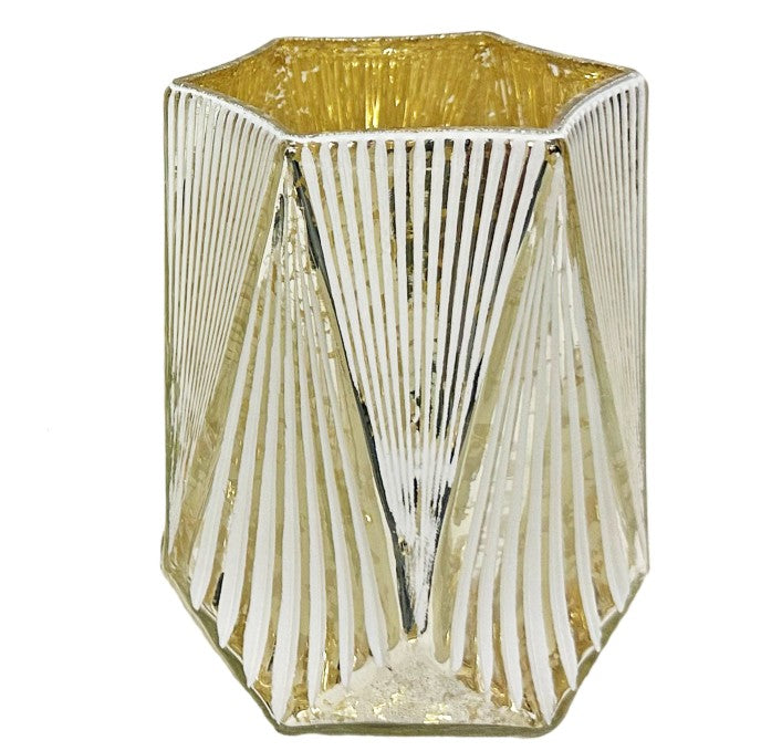 Windlicht 6 eckig Glas 
matt weiss Innen gold 
D11.5cm x H13.5cm