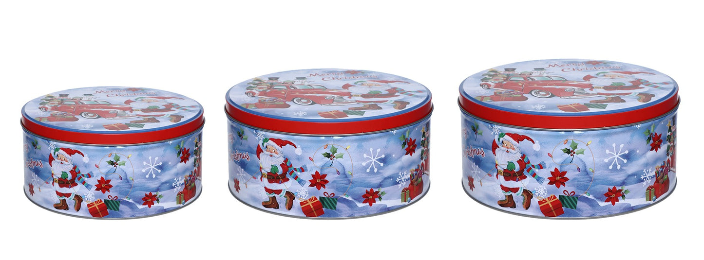 Guetzlidosen 3er Set rund mit XMAS Motiv Santa und Auto Weissblech