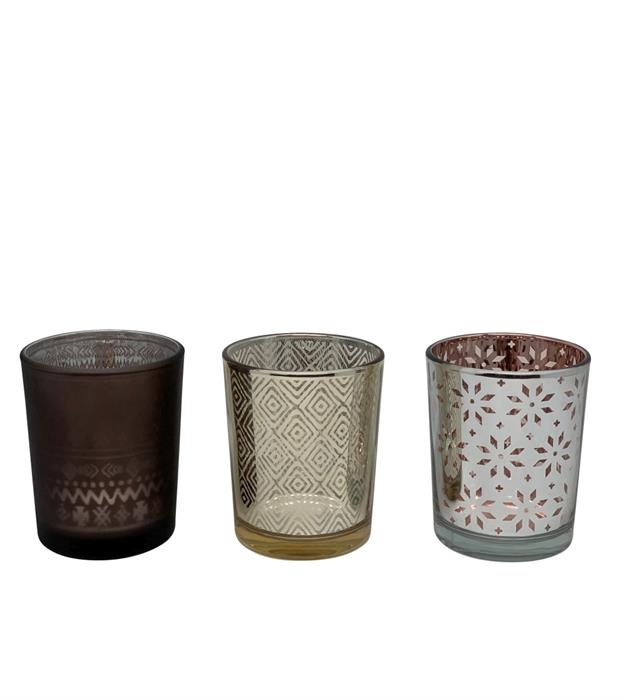 Windlicht aus Glas mit
3 verschiedene Designs
Farbe: Silber/Roségold
D5.5cm H 6.5cm