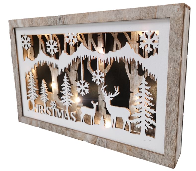 LED Diorama Bild mit10 LED
Motiv: Waldszene mit Tannenbäumen
Schneeflocken und Hirschen
