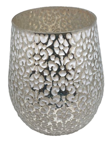 Windlicht aus Glas
silber -weiss
mit Blütenmuster H18.5cm