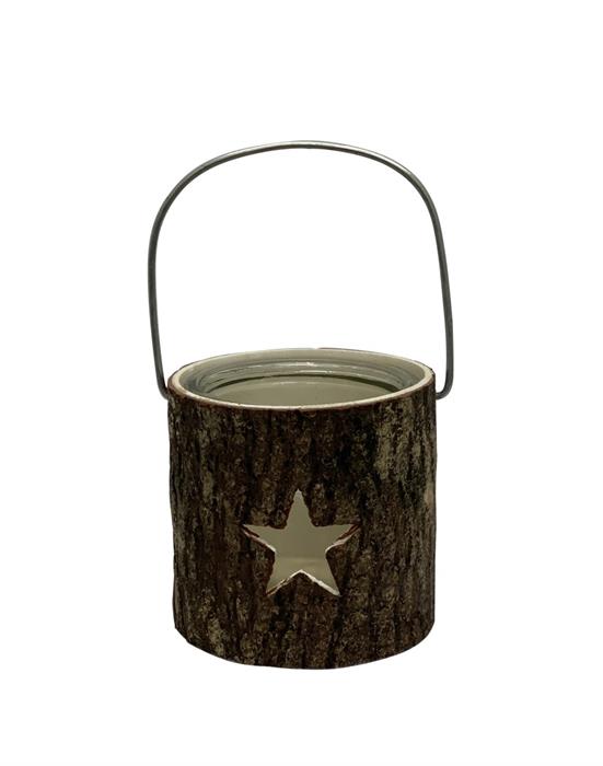 Windlicht aus Holz mit Henkel
und Glaseinsatz
Farbe: Braun
D:11cm H:11cm