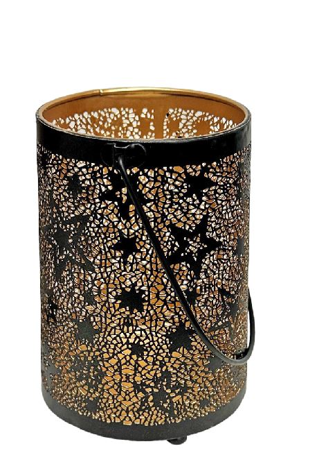 Windlicht schwarz aus Metall mit Sternen Design und Henkel