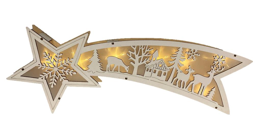 Météore de Noël LED en bois
avec film hologramme 7 LED
L3 cm x H15 cm x l38,8 cm