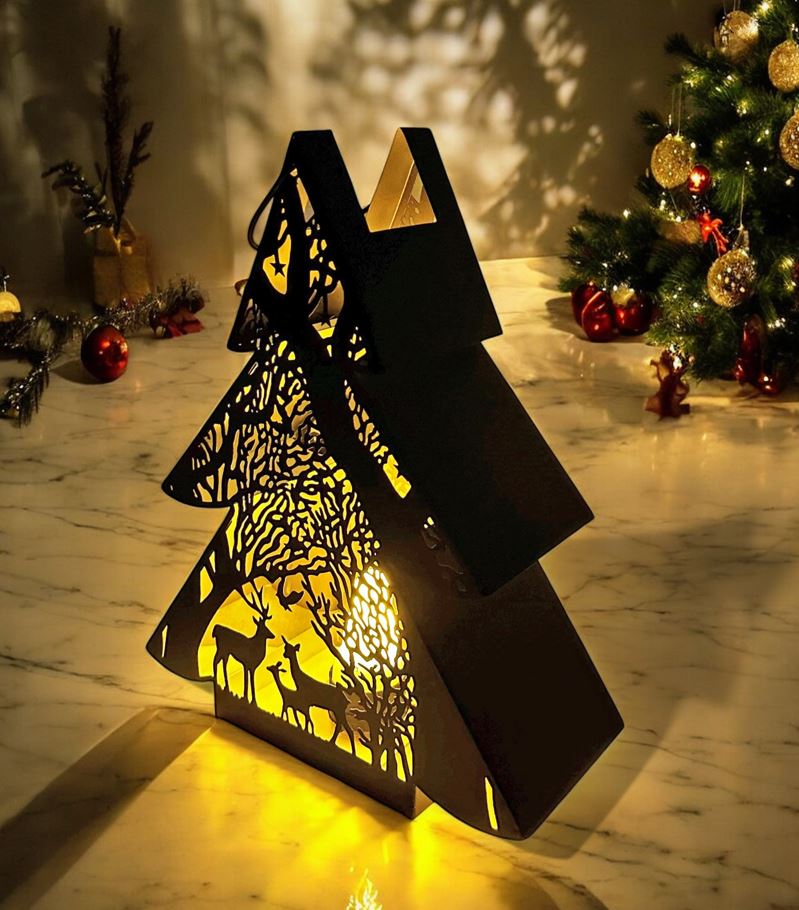 Laterne Forest Tannenbaum aus Metall Schwarz gold