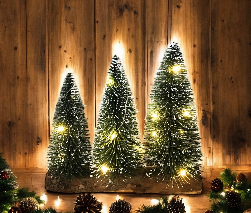 LED Tannenbäume (3 Stk)
auf Holzsockel
mit Total 10 LED
L7cmxB22.xH22cm