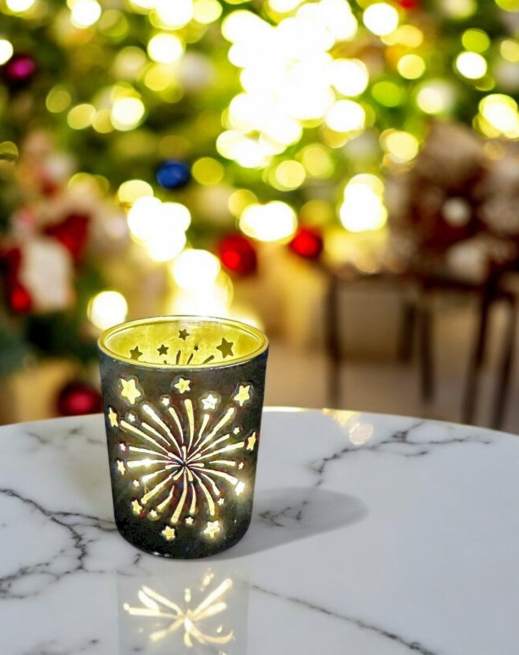 Windlicht aus Glas mit Feuerwerk Motiv