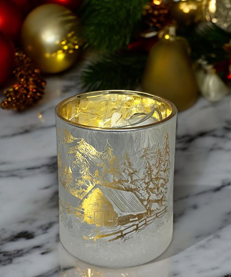 Windlicht aus Glas Bergdorfmotiv silber H10cm