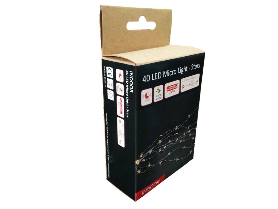 Lucine LED a microfilo
con stelle 40 LED
Lunghezza 50 cm
filo d'argento