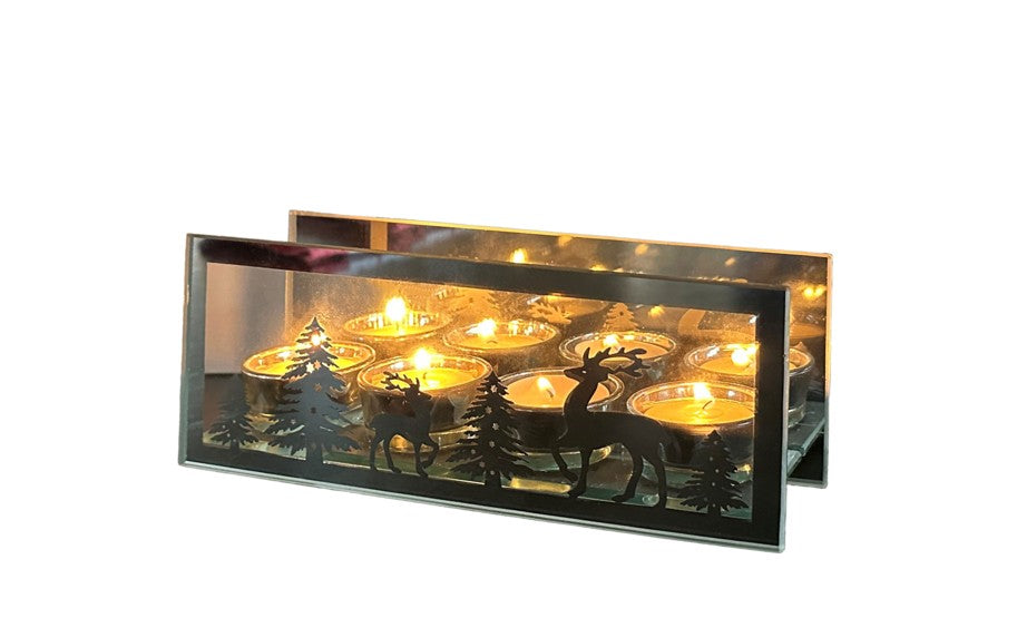 Windlicht aus Glas 
mit 4 Teelichthaltern 
Spiegel Silber 
L6.5cm x B24cm x H9.5cm