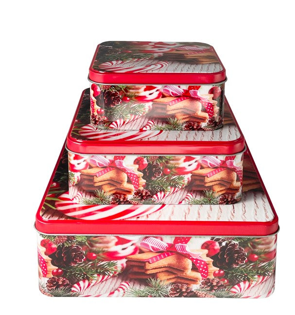 Guetzlidosen 3er Set viereckig mit XMAS Motiv Zuckerstange und Guetzli Weissblech