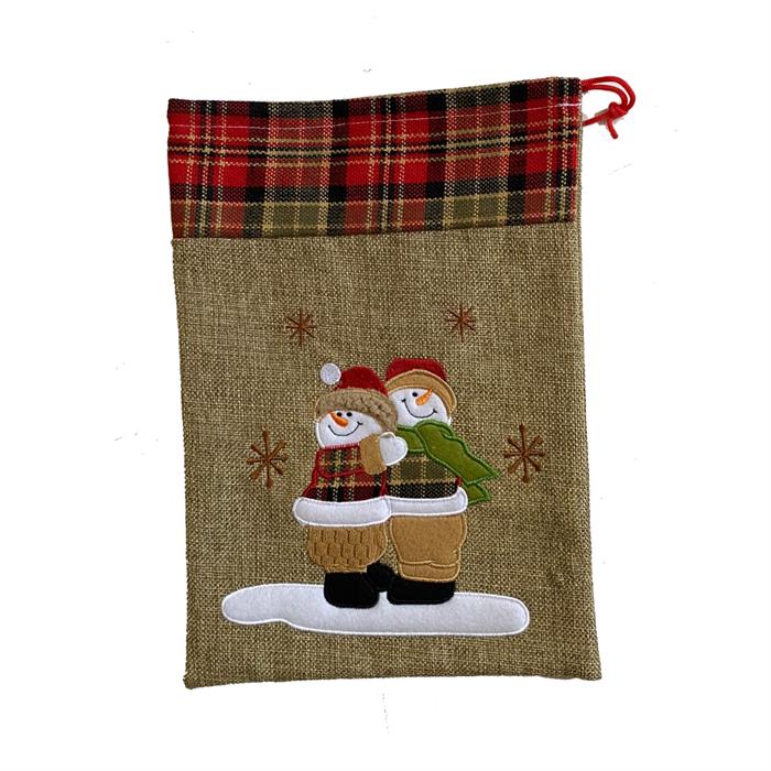 Borsa in iuta con coulisse rossa
Motivo: pupazzo di neve
Dimensioni: L:21 cm A:30 cm
