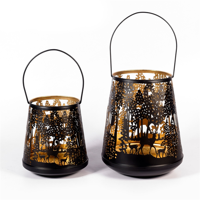 Windlicht Forest mit Henkel aus Metall schwarz gold D25cm x H30cm
