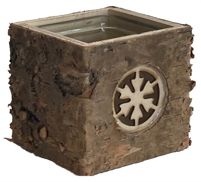 Lanterne en bois avec insert en verre
L9cm x L9cm xH9cm
Motif : flocon de neige