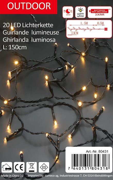 LED Outdoor Lichterkette 20 LED
warm weisses Licht
Länge 1.5m
